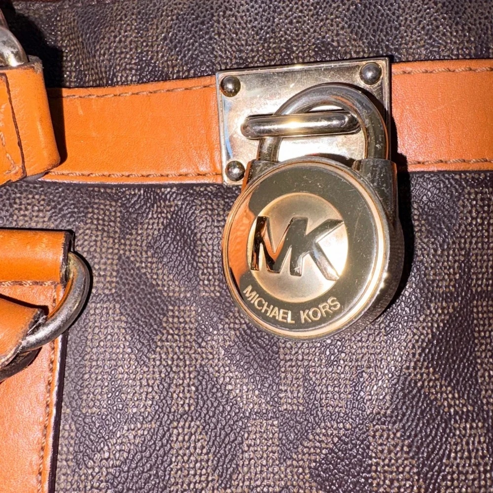 Michael Kors hamilton signiture Monogram Satchel Bag Brown Leather Chain Strap